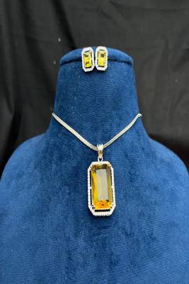 Yellow Stone Necklace & Stud Earrings Set | Silver Tone Halo, Elegant Brass 3