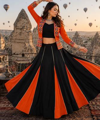 Orange Rayon Cotton Navratri Lehenga Choli with Kutchi Mirror Work Koti 4