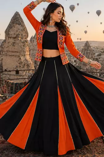 Orange Rayon Cotton Navratri Lehenga Choli with Kutchi Mirror Work Koti