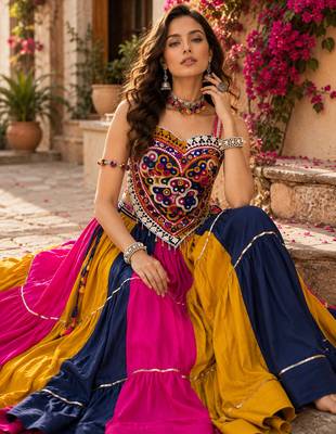 Multicolor Navratri Rayon Cotton Lehenga Choli with Kutchi Mirror Work Blouse 2