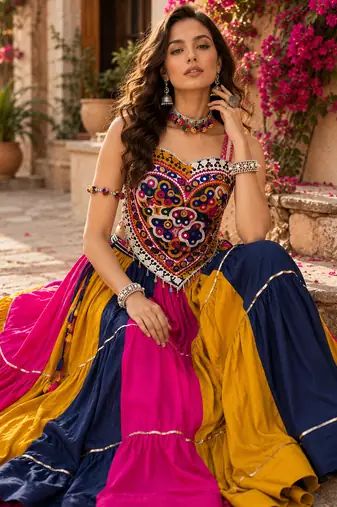 Multicolor Navratri Rayon Cotton Lehenga Choli with Kutchi Mirror Work Blouse