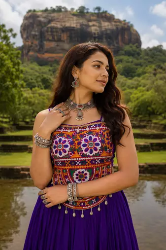 Purple Rayon Cotton Navratri Lehenga with Gamthi Embroidered Designer Top