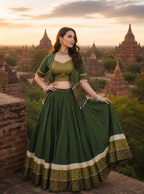 Green Rayon Cotton Navratri Lehenga Choli with Designer Gota Patti Koti 1