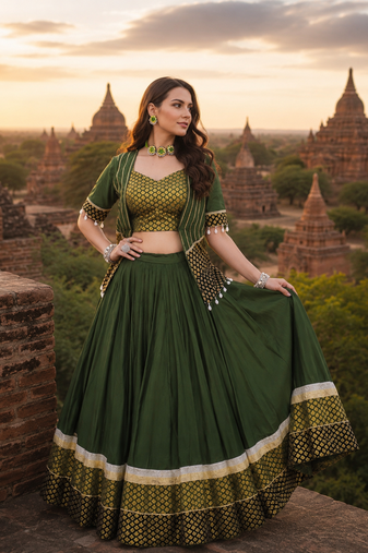 Green Rayon Cotton Navratri Lehenga Choli with Designer Gota Patti Koti