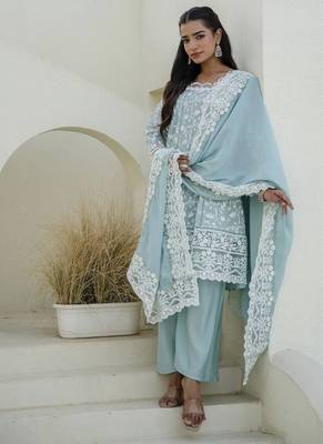 Women's aqua blue chikankari embroidered peplum kurta palazzo dupatta set 1