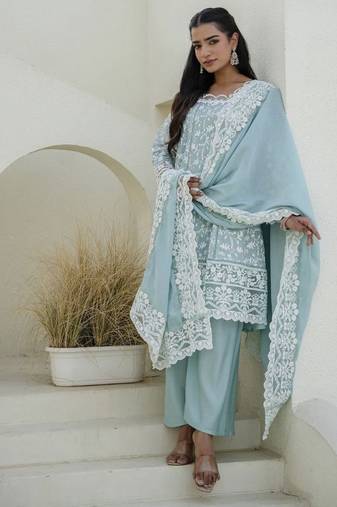 Women's aqua blue chikankari embroidered peplum kurta palazzo dupatta set