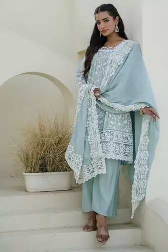 Women's aqua blue chikankari embroidered peplum kurta palazzo dupatta set