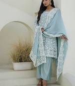 Women's aqua blue chikankari embroidered peplum kurta palazzo dupatta set