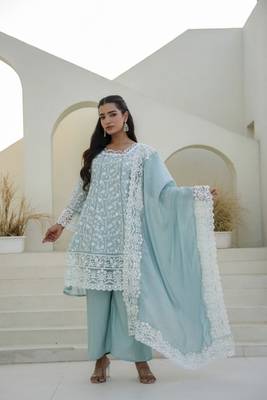 Women's aqua blue chikankari embroidered peplum kurta palazzo dupatta set 2