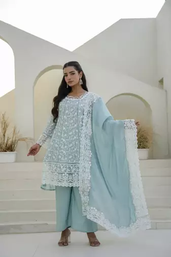 Women's aqua blue chikankari embroidered peplum kurta palazzo dupatta set