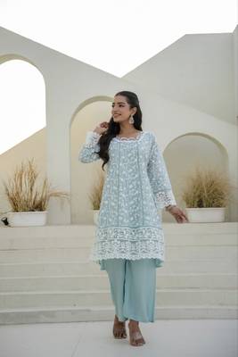 Women's aqua blue chikankari embroidered peplum kurta palazzo dupatta set 3