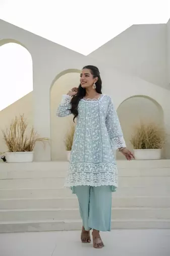 Women's aqua blue chikankari embroidered peplum kurta palazzo dupatta set