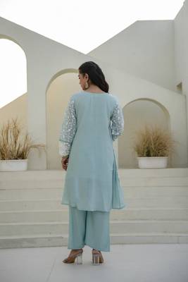Women's aqua blue chikankari embroidered peplum kurta palazzo dupatta set 5