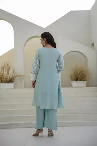 Women's aqua blue chikankari embroidered peplum kurta palazzo dupatta set