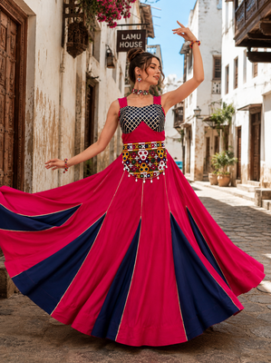 Coral Rayon Cotton Navratri Lehenga Choli with Kutchi Work 3