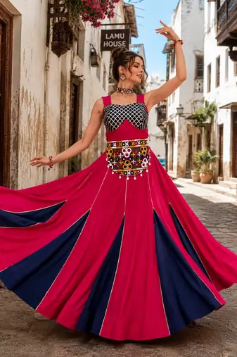 Coral Rayon Cotton Navratri Lehenga Choli with Kutchi Work