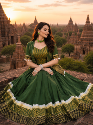 Green Rayon Cotton Navratri Lehenga Choli with Designer Gota Patti Koti 2