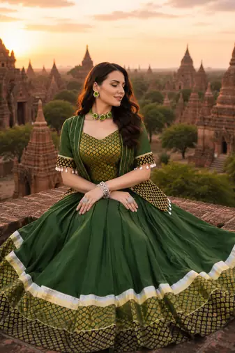 Green Rayon Cotton Navratri Lehenga Choli with Designer Gota Patti Koti