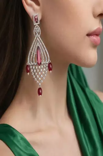 Elegance in Ruby & Silver | Art Deco Statement Chandelier Earrings