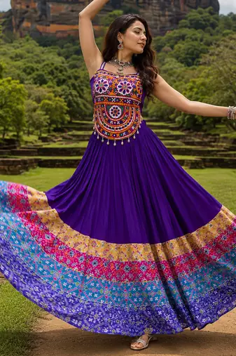 Purple Rayon Cotton Navratri Lehenga with Gamthi Embroidered Designer Top