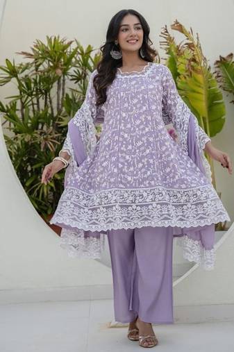 Women's lavender chikankari embroidered peplum kurta palazzo dupatta set