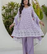 Women's lavender chikankari embroidered peplum kurta palazzo dupatta set