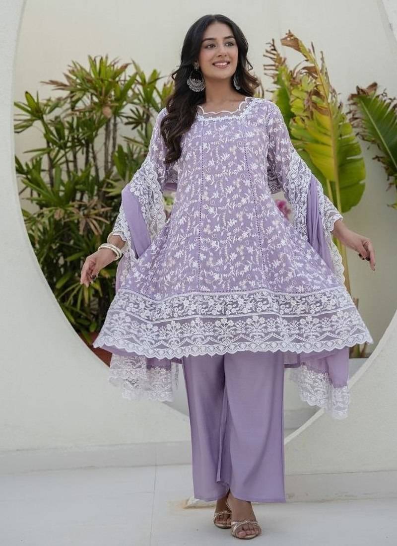 Women's lavender chikankari embroidered peplum kurta palazzo dupatta set