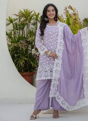 Women's lavender chikankari embroidered peplum kurta palazzo dupatta set 2