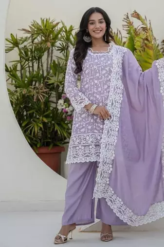 Women's lavender chikankari embroidered peplum kurta palazzo dupatta set