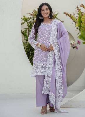 Women's lavender chikankari embroidered peplum kurta palazzo dupatta set 3
