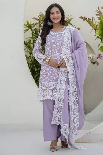 Women's lavender chikankari embroidered peplum kurta palazzo dupatta set