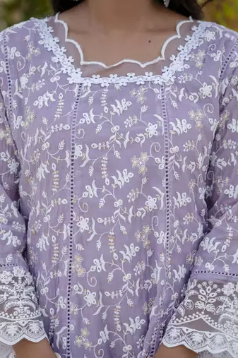 Women's lavender chikankari embroidered peplum kurta palazzo dupatta set