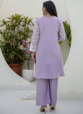 Women's lavender chikankari embroidered peplum kurta palazzo dupatta set 5