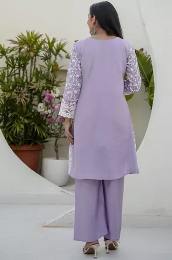 Women's lavender chikankari embroidered peplum kurta palazzo dupatta set