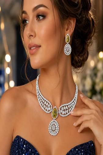 Bridal CZ Diamond Choker Necklace & Earrings Set: Yellow Wedding Jewelry