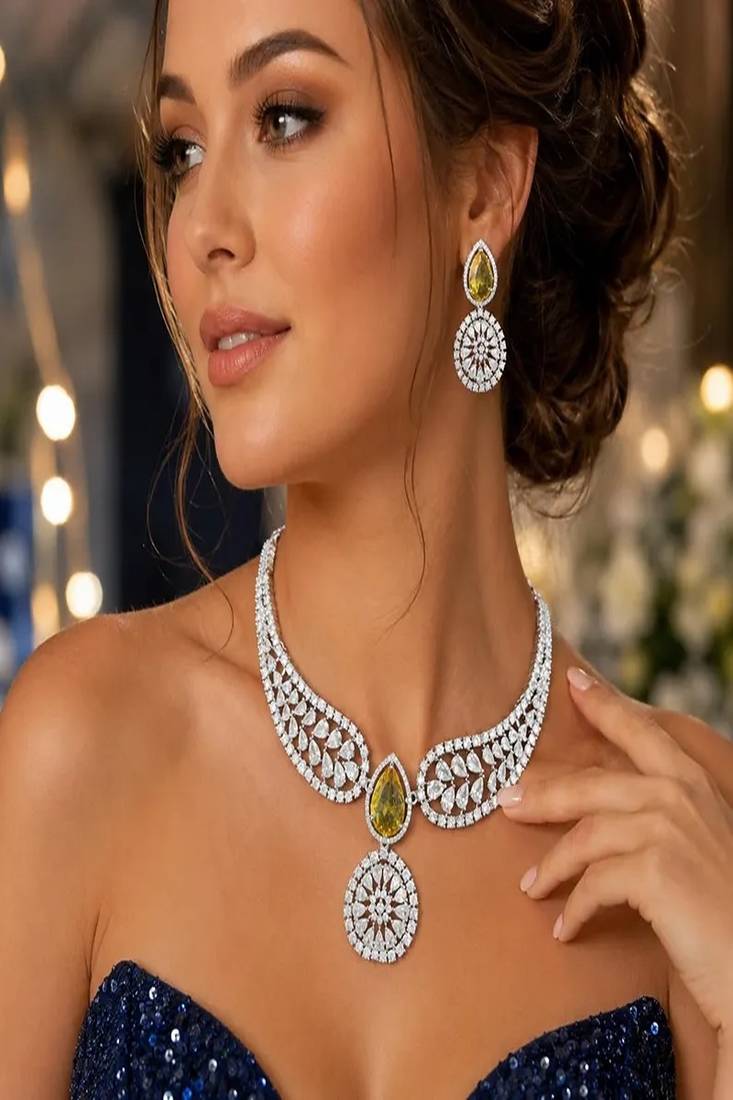 Bridal CZ Diamond Choker Necklace & Earrings Set: Yellow Wedding Jewelry
