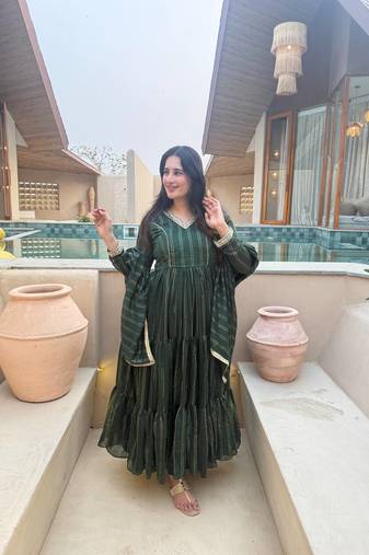 Green flared anarkali gown with golden stripes & dupatta