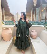 Green flared anarkali gown with golden stripes & dupatta