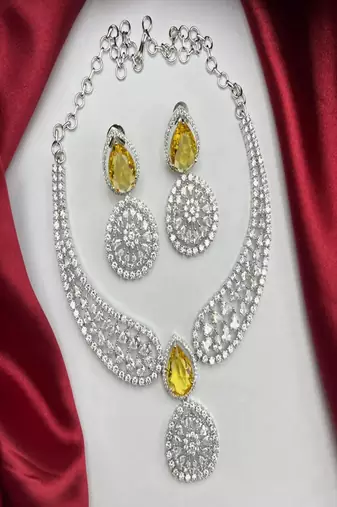 Bridal CZ Diamond Choker Necklace & Earrings Set: Yellow Wedding Jewelry