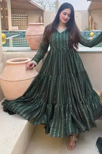 Green flared anarkali gown with golden stripes & dupatta