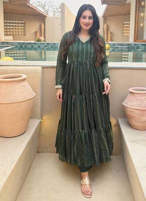 Green flared anarkali gown with golden stripes & dupatta 3