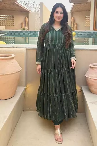 Green flared anarkali gown with golden stripes & dupatta