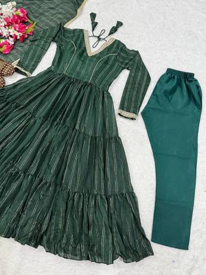 Green flared anarkali gown with golden stripes & dupatta 5