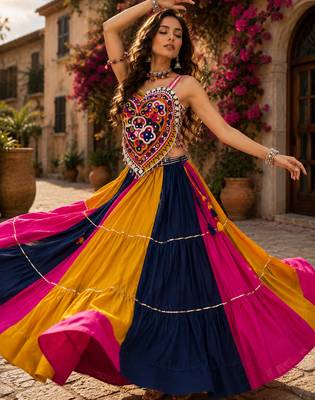 Multicolor Navratri Rayon Cotton Lehenga Choli with Kutchi Mirror Work Blouse 4