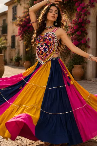 Multicolor Navratri Rayon Cotton Lehenga Choli with Kutchi Mirror Work Blouse