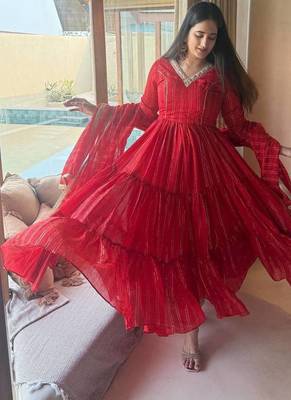Red flared anarkali gown with golden stripes & dupatta 1