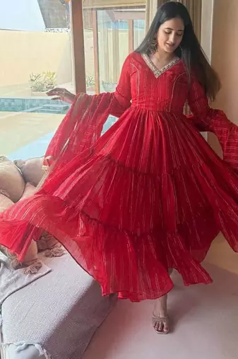 Red flared anarkali gown with golden stripes & dupatta