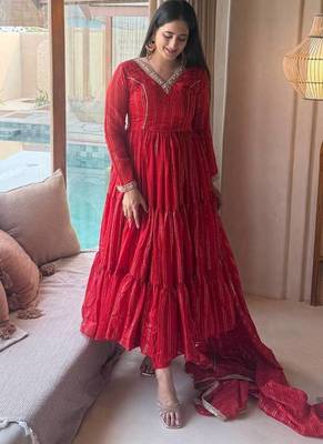 Red flared anarkali gown with golden stripes & dupatta 3
