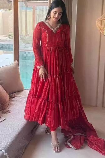 Red flared anarkali gown with golden stripes & dupatta