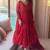 Red flared anarkali gown with golden stripes & dupatta